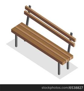 Wooden Park Bench. Wooden park bench with shadow. Wooden bench icon. One isolated outdoor bench. City isometric object in flat. Isolated vector illustration on white background.