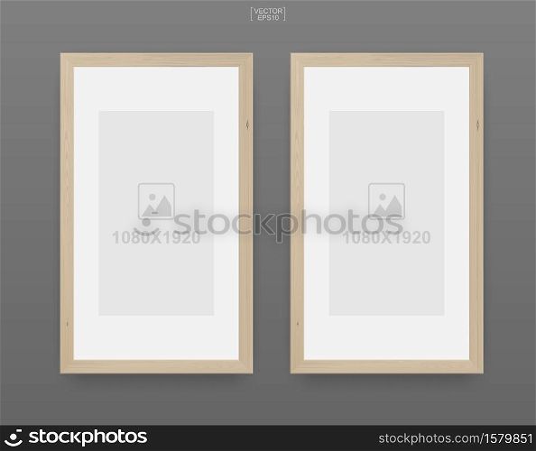Wooden photo frame or picture frame on gray background. For interior design and decoration. Vector illustration.