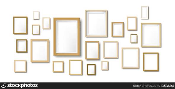 Wooden photo frames composition mockup. Light wood picture frame, hanging moodboard photos grid and art wall vector illustration template. Photo frame or painting, exhibition template. Wooden photo frames composition mockup. Light wood picture frame, hanging moodboard photos grid and art wall vector illustration template