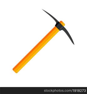 Wooden pickaxe with iron tip. Miners hand tool for extracting minerals. Vector illustration in flat style. Wooden pickaxe with iron tip.