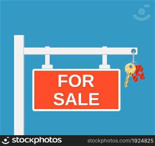 Wooden placard for sale sign. Key on chain. Buy or rent house. Vector illustration in flat style. Wooden placard for sale sign.