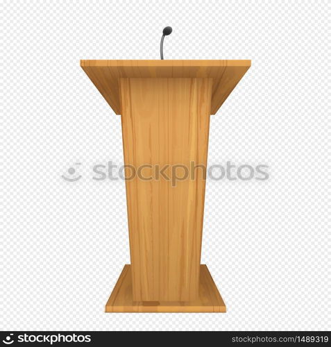 Wooden podium or pulpit with microphone for speaker on conference, lecture or debate. Vector realistic rostrum for orator on presentation for press, communication with public. Tribune for speech. Wooden podium or pulpit with microphone