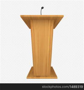 Wooden podium or pulpit with microphone for speaker on conference, lecture or debate. Vector realistic rostrum for orator on presentation for press, communication with public. Tribune for speech. Wooden podium or pulpit with microphone