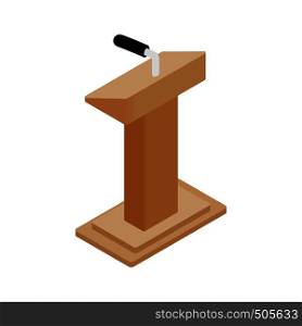 Wooden podium tribune rostrum stand with microphone icon in isometric 3d style on a white background. Wooden podium tribune rostrum stand