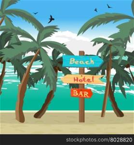 Wooden pointer among palm trees on the beach, the hotel, in the bar. Summer signpost flat vector cartoon illustration on a beach in summer vacation