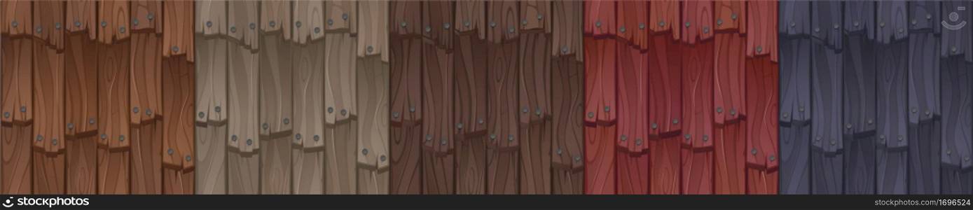 Wooden roof texture for game, cartoon wood tiles seamless pattern. House roofing materials, textured overlap of red, brown, beige and black colors. Dwelling exterior design elements Vector set. Wooden roof texture for game, cartoon wood tiles