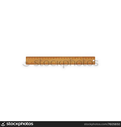 Wooden ruler isolated school stationery tool. Vector educational supplies in realistic design. Ruler isolated retro school stationery object