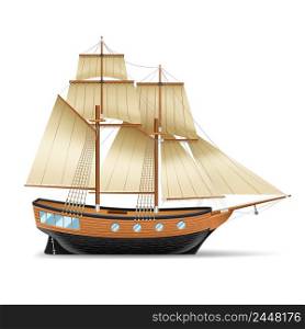Wooden sailing ship with two masts square and gaff sails realistic vector illustration . Sailing Ship Illustration