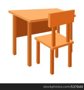 Wooden school desk and chair icon in cartoon style on a white background. Wooden school desk and chair icon, cartoon style