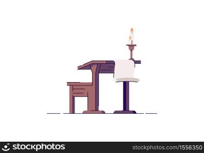 Wooden scribe furniture semi flat RGB color vector illustration. Parchment and candle. Wood rustic desk and stool. Classic medieval table and chair isolated cartoon object on white background. Wooden scribe furniture semi flat RGB color vector illustration