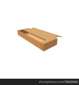 Wooden sheathed crate isolated rectangular open box. Vector casket packaging with cover mockup. Casket packaging isolated wooden sheathed crate
