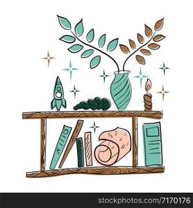 Wooden shelf with books, vases, plants, rolls of paper, shells, rocket, candle. Vector sketch drawing, limited palette.. Wooden shelf with books, vases, plants, rolls of paper, shells, rocket, candle