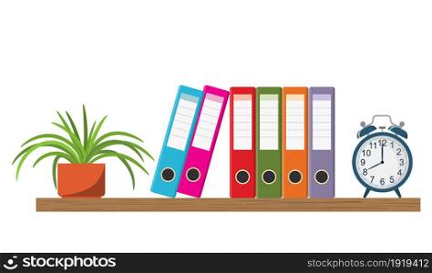 Wooden shelf with Colorful office folders, alarm clock, and flowerpot. Vector illustration in flat style. Wooden shelf with binder folders and flowerpot