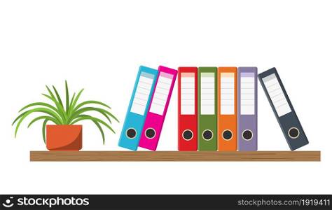 Wooden shelf with Colorful office folders and flowerpot. Vector illustration in flat style. Wooden shelf with binder folders and flowerpot