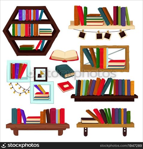 Wooden shelves with books and textbooks, isolated home library or school references. Volumes and encyclopedia for students and pupils. Shop or store for bookworms readers. Vector in flat style. Books and textbooks on shelves, home furniture