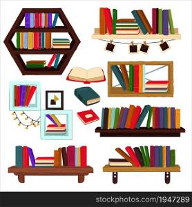 Wooden shelves with books and textbooks, isolated home library or school references. Volumes and encyclopedia for students and pupils. Shop or store for bookworms readers. Vector in flat style. Books and textbooks on shelves, home furniture