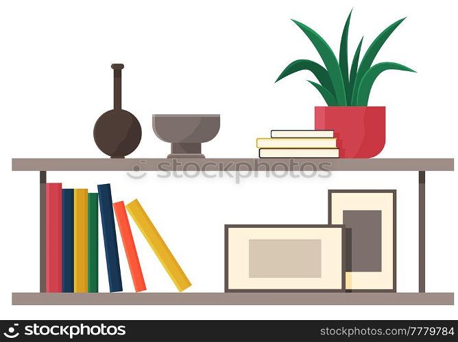 Wooden shelves with decorations. Office or home furniture isolated on white background. Books, potted grass, vase, pictures on racks. Furniture element for interior design, open hanging shelves. Wooden racks with decorations. Furniture element for interior design, open hanging shelves