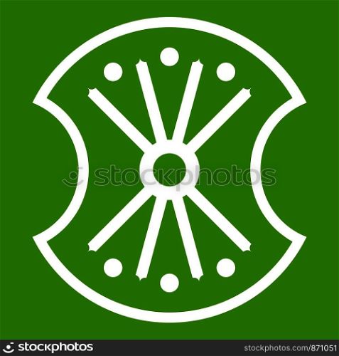 Wooden shield icon white isolated on green background. Vector illustration. Wooden shield icon green
