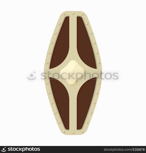 Wooden shield with leather decoration icon in cartoon style isolated on white background. Protection and security symbol. Wooden shield with leather decoration icon