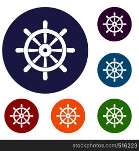 Wooden ship wheel icons set in flat circle red, blue and green color for web. Wooden ship wheel icons set