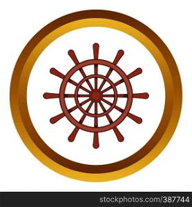 Wooden ship wheel vector icon in golden circle, cartoon style isolated on white background. Wooden ship wheel vector icon