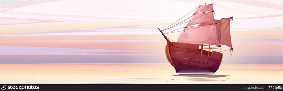 Wooden ship with white sails floating under pink sky at sunrise seascape view. Ancient frigate at morning sea, scenery landscape, nature background with boat on calm water, Cartoon vector illustration. Wooden ship with white sails float under pink sky