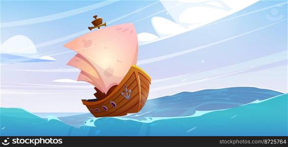 Wooden ship with white sails in sea with waves. Ocean landscape with sailboat, ancient yacht, pirate or viking ship in stormy weather with wind, vector cartoon illustration. Wooden ship with white sails in sea with waves