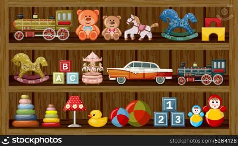 Wooden show-window of shop with vintage toys. Vector illustration