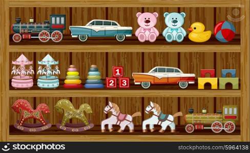 Wooden show-window of shop with vintage toys. Vector illustration