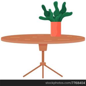 Wooden side table flat style. Furniture for room interior design. Houseplant on coffee table vector illustration. Interior element made of wood isolated on white background with evergreen potted plant. Wooden side table in flat style. Furniture for room interior design. Houseplant on coffee table