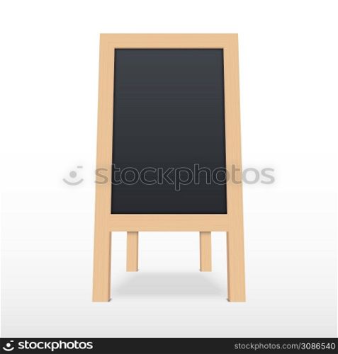 Wooden sidewalk sign with blank black menu board isolated on white background, vector illustration