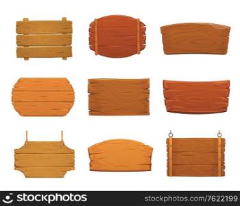 Wooden sign boards vector design of old wood plank signboards and timber panel banners with nails, hanging on ropes and chains. Blank cartoon plaques, billboards, signposts and pointers. Wooden sign boards of old wood planks