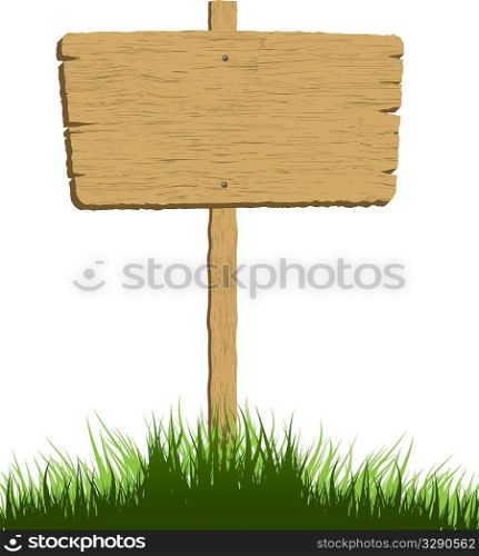 Wooden sign in grass with a white background