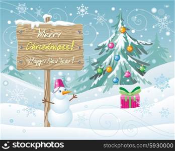 Wooden sign Merry Christmas and Happy New Year. Xmas celebration, winter season, greeting message, board and snowflake, snow and landscape, snowfall and nature illustration