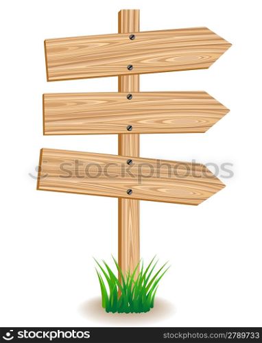 Wooden signboard with an arrows on a green grass