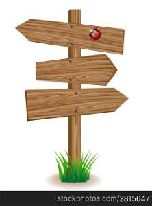 Wooden signboard with an arrows on a green grass