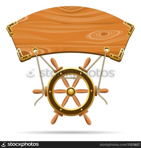 Wooden Signboard with Steering Wheel. Vector illustration.