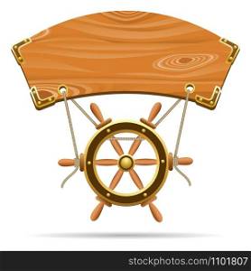 Wooden Signboard with Steering Wheel. Vector illustration.
