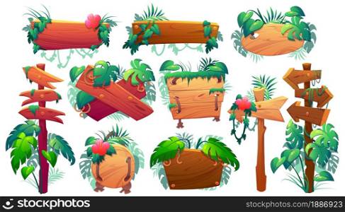Wooden signboards in jungle, plank and pointers with green leaves and lianas. Vector cartoon set of wood panels, timber boards and direction signs with plants in forest isolated on white background. Wooden signboards, planks and pointers in jungle