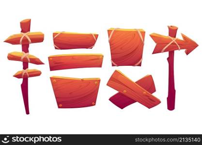 Wooden signboards, plank and pointers on post. Vector cartoon set of old wood panels, timber boards and direction signs with arrows, rivets and ropes isolated on white background. Wooden signboards, planks and pointers