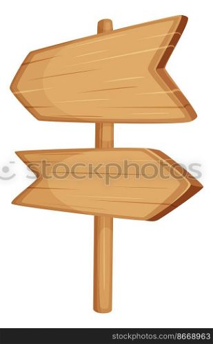 Wooden signpost. Wood arrow pointers in cartoon game style isolated on white background. Wooden signpost. Wood arrow pointers in cartoon game style