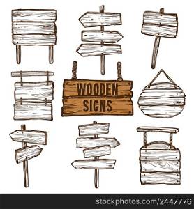 Wooden signposts and signboards on chains and ropes flat sketch icon set isolated vector illustration. Wooden Signs Sketch Set 