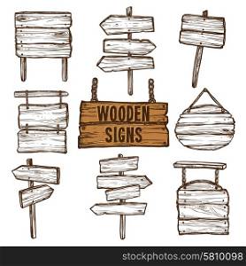 Wooden Signs Sketch Set . Wooden signposts and signboards on chains and ropes flat sketch icon set isolated vector illustration