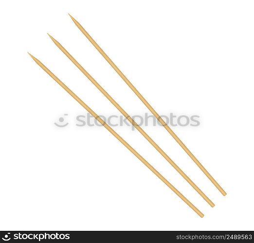 Wooden skewer with pointed tip. Disposable bamboo thin long skewer. Chopsticks. Chinese food sticks. Wooden toothpick. Isolated realistic vector illustration on white background.. Wooden skewer with pointed tip. Disposable bamboo thin long skewer. Chopsticks. Chinese food sticks. Wooden toothpick. Isolated realistic vector illustration on white background