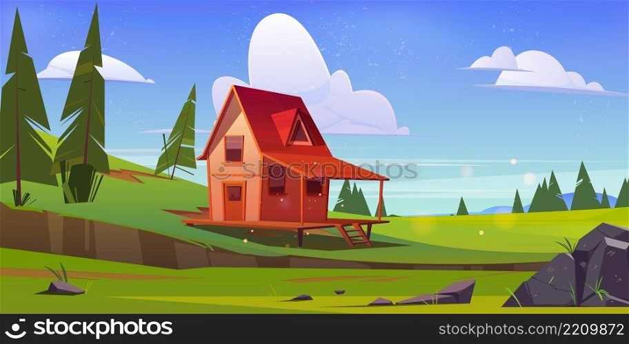 Wooden small house on hill with green grass and trees. Vector cartoon illustration of summer or spring landscape of countryside with village cottage with porch. Wooden small house on hill with green grass
