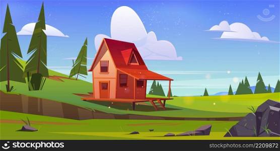 Wooden small house on hill with green grass and trees. Vector cartoon illustration of summer or spring landscape of countryside with village cottage with porch. Wooden small house on hill with green grass