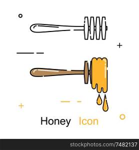 Wooden spoon and drops of honey in a linear style. Line icon. Isolated on white background. Vector illustration.