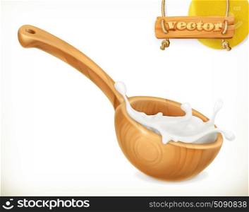 Wooden spoon. Milk. Rustic style. Natural dairy products. 3d vector icon