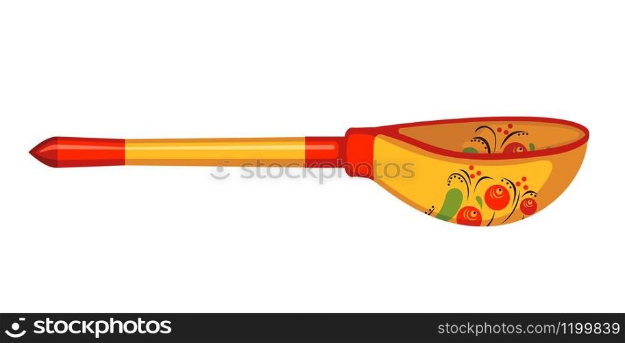 Wooden spoon with Khokhloma painting in flat style isolated on white background. Vector illustration.. Vector wooden spoon with Khokhloma painting in flat style isolated on white background.