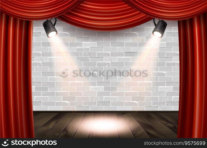 Wooden stage with red curtains vector image